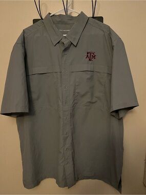 Port Authority Gray Short Sleeve Button-Down Shirt with Maroon Texas A&M Logo